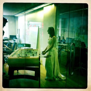 Table football in a wedding dress